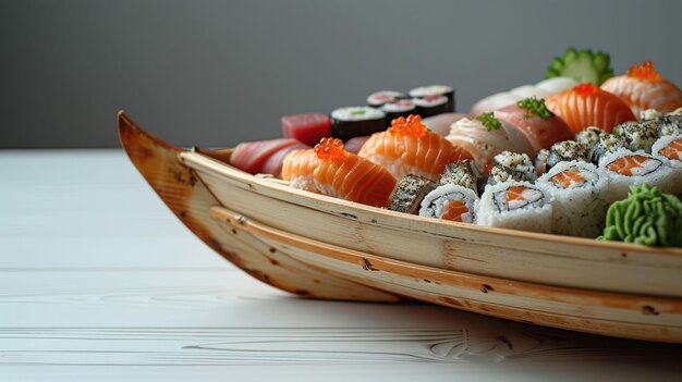 close up shot of a Sushi Boat on a white table