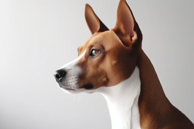 Close up shot of a thoughtful focused basenji dog isolated on white