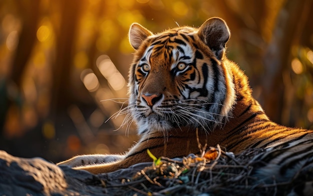 Close up shot of tiger basking in the golden sunlight