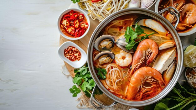 close up shot of Tom Yum Seafood Hot Pot on a white table