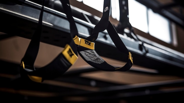 A close up shot of a TRX suspension trainer hanging from a beam