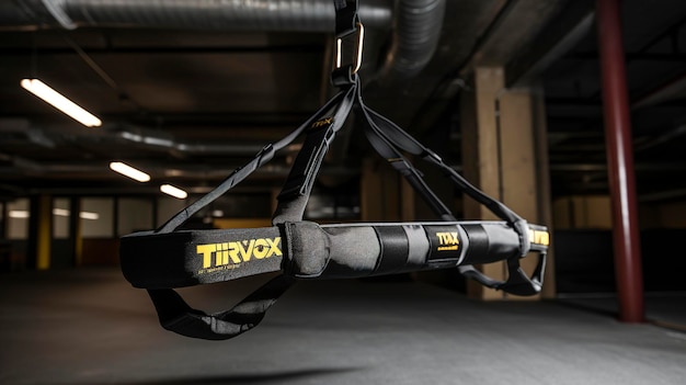 A close up shot of a TRX suspension trainer hanging from a beam