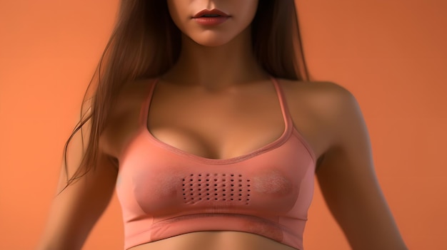 Close up shot of unrecognizable fit woman wearing blank tank top Torso of slim attractive female with six pack belly in sportswear