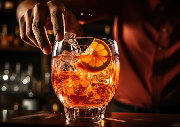 Close-up shot van een barman die kunstig Aperol in een glas gevuld met ijs giet voor de perfecte Ap