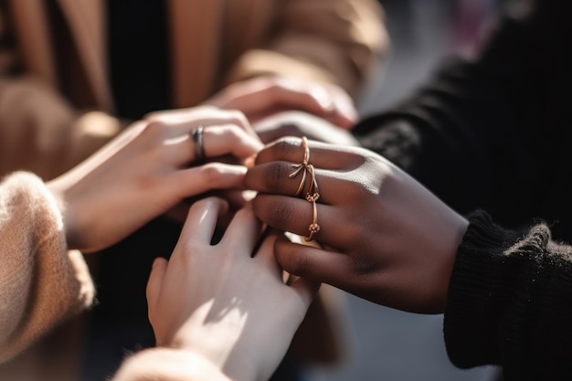 Close-up shot van een groep mensen hand in hand in solidariteit gecreëerd met generatieve ai