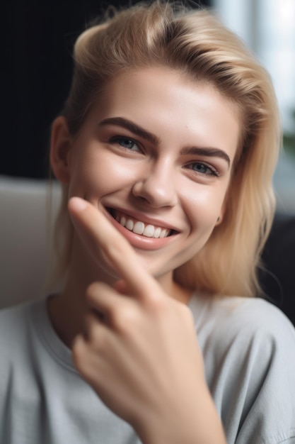 Close-up shot van een jonge vrouw die haar duimen opsteekt terwijl ze thuis herstelt van een verslaving