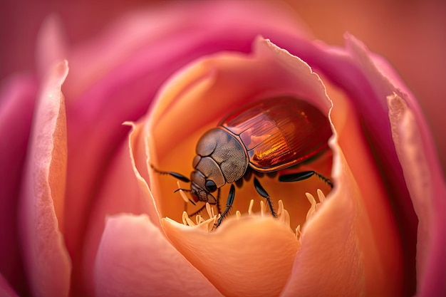 Close-up shot van een kever op een roos met een onscherpe achtergrond Gegenereerd door AI