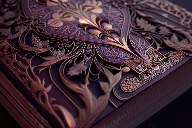 Close-up shot van een magisch boek met ingewikkelde ontwerpen en patronen die het vakmanschap laten zien