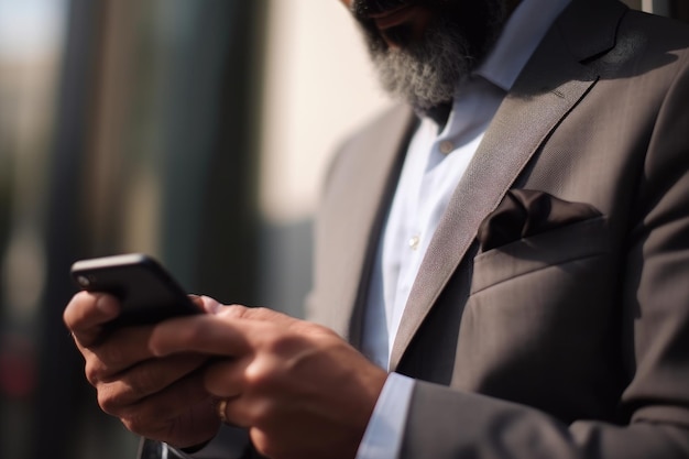 Close-up shot van een onherkenbare ondernemer die sms't op een mobiele telefoon die is gemaakt met generatieve AI