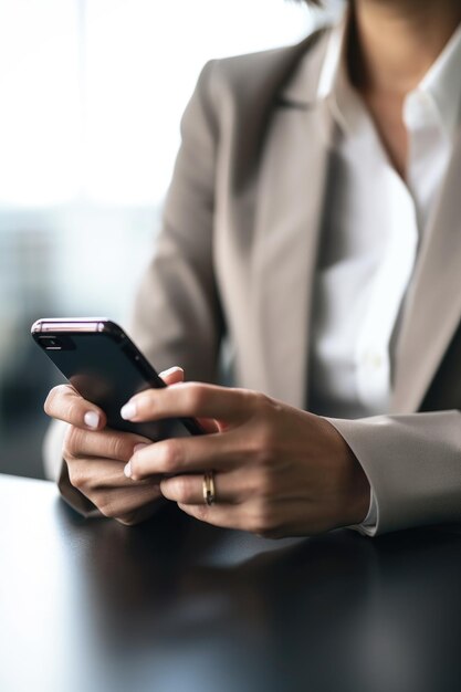 Close-up shot van een onherkenbare vrouw die een mobiele telefoon gebruikt in haar kantoor gemaakt met generatieve AI