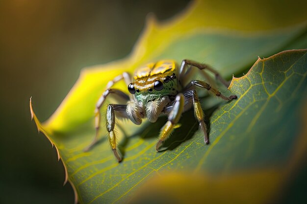 Close-up shot van een schattige spin die op een blad zit Gegenereerd door AI