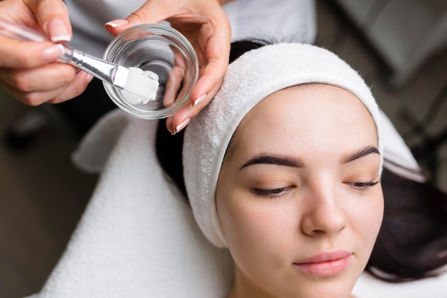 Close-up shot van een vrouw die gezichtsbehandeling krijgt met kleimasker Cosmetologie en spa