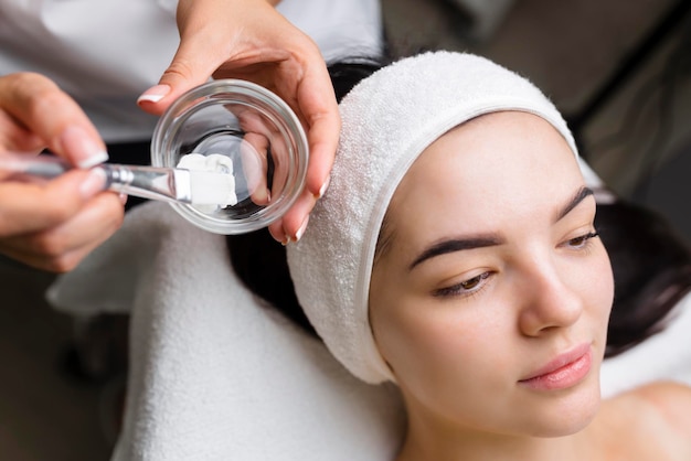 Close-up shot van een vrouw die gezichtsbehandeling krijgt met kleimasker Cosmetologie en spa