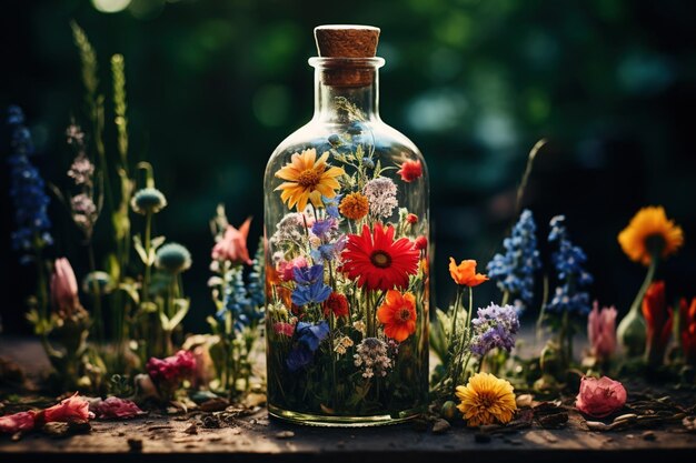 Close-up shot van levendige wilde bloemen in een antieke glazen fles