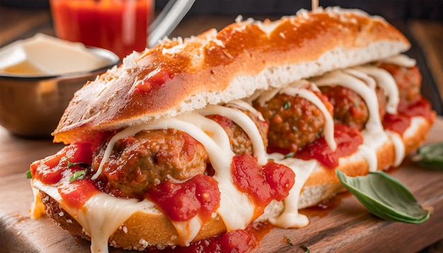 close-up shot van meatball sub sandwich met kaas en marinara tomatensaus