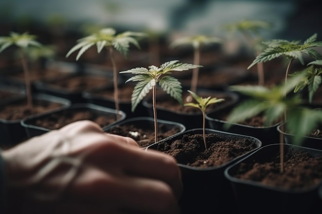 Close-up shot van menselijke handen die cannabisplanten planten, wat het handwerk benadrukt dat nodig is bij de teelt van deze plant Generatieve AI