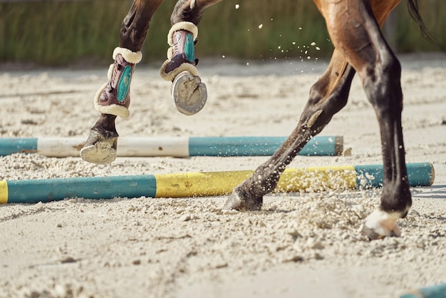 Close-up shot van paardenhoeven tijdens een wedstrijd