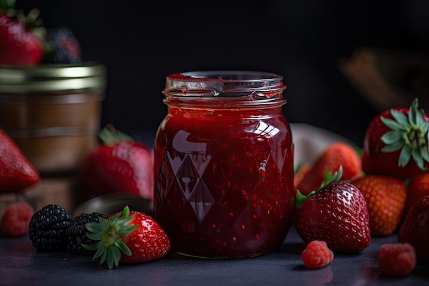 Close-up shot van pot zelfgemaakte aardbeienjam met rode bessen zichtbaar gemaakt met generatieve ai