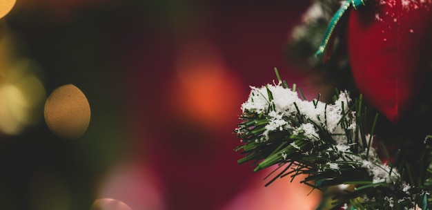 Close-up shot van rode huidige kous geschenkzak opknoping versieren met nep sneeuw op groene dennenboom kerstboom tak en bladeren in xmas eve traditionele festival viering nacht evenement in de woonkamer.