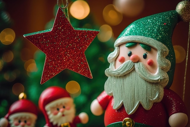 Close-up shot van sprankelende glanzende glitter rode ster met schattige kerstman die hangende poppen versiert
