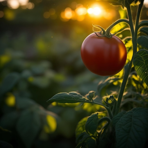 Close-up shot van tomaat in zonsopgang donkergroene tuin ai gegenereerd