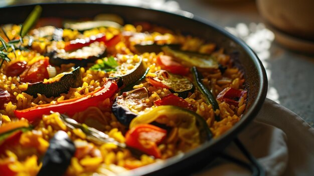 Photo close up shot of a vegetarian paella