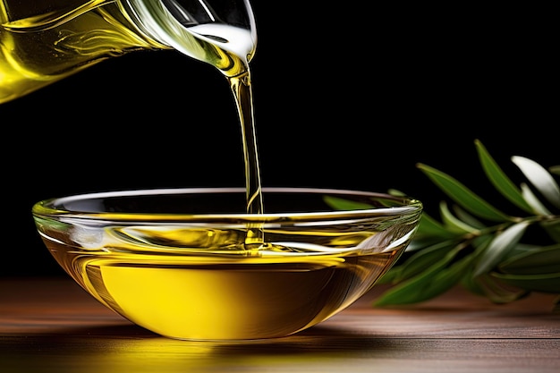 Close up shot of virgin olive oil being poured from a bottle into a bowl