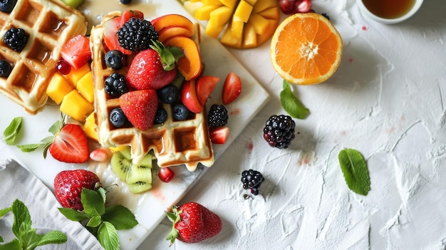 close up shot of Waffle Sandwich with Fresh Fruits on a white table