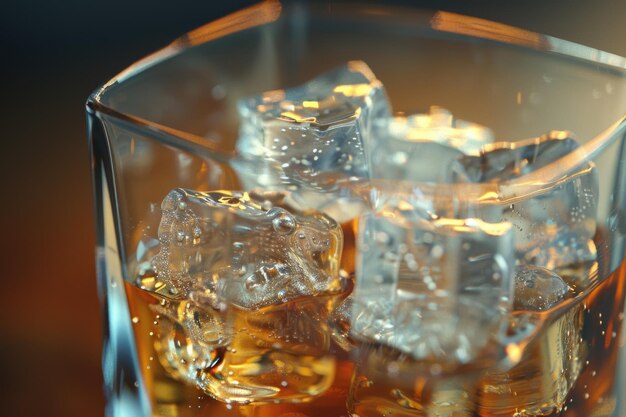 Photo close up shot of whisky on the rocks with ice cubes