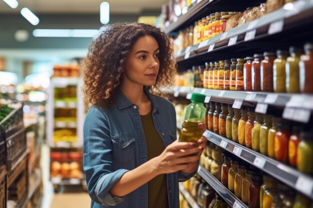 A close up shot of a woman examining the labels of various products in a supermarket Generative AI