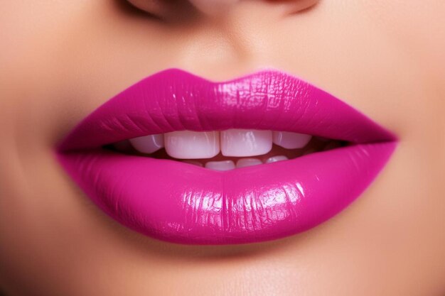 close up shot of woman lips with glossy fuchsia lipstick