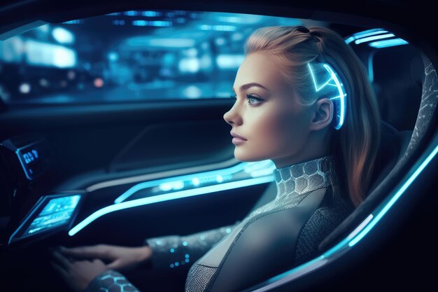 A close up shot of a woman sitting inside a cutting edge autonomous vehicle Generative AI