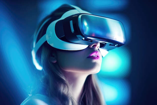 A close up shot of a woman wearing a virtual reality headset and experiencing immersive digital content Generative AI