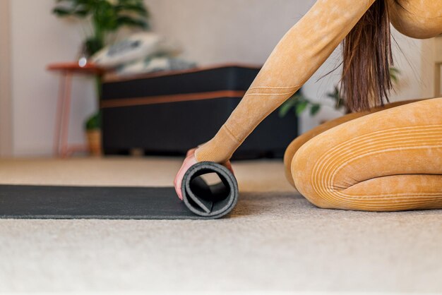 Close up shot of yoga mat finished with morning workout