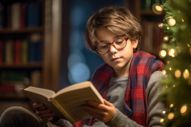 A close up shot of a young student reading a book in a cozy library corner Generative AI