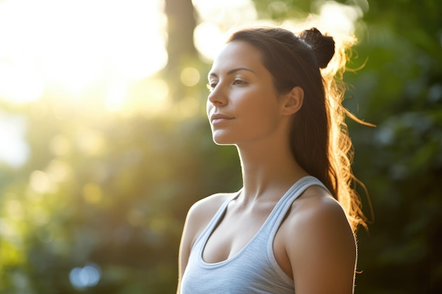 Photo a close up shot of a young woman practicing yoga in a peaceful outdoor setting generative ai