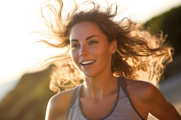 A close up shot of a young woman running outdoors on a sunny day Generative AI