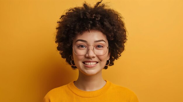 Photo close up shot of young woman on yellow studio