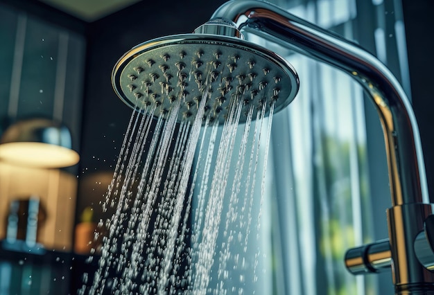 Close up of a shower in a bathroom pouring water out of it