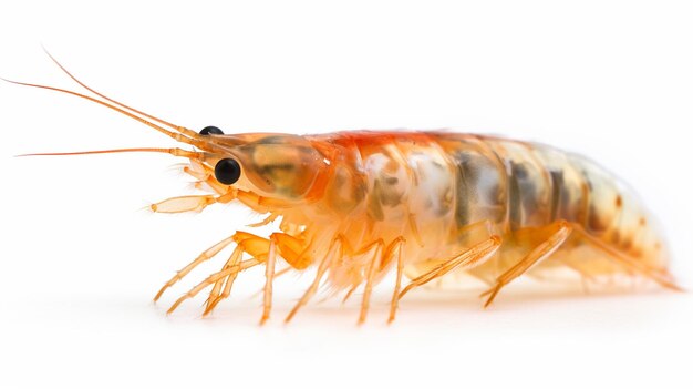 A close up of a shrimp on a white background