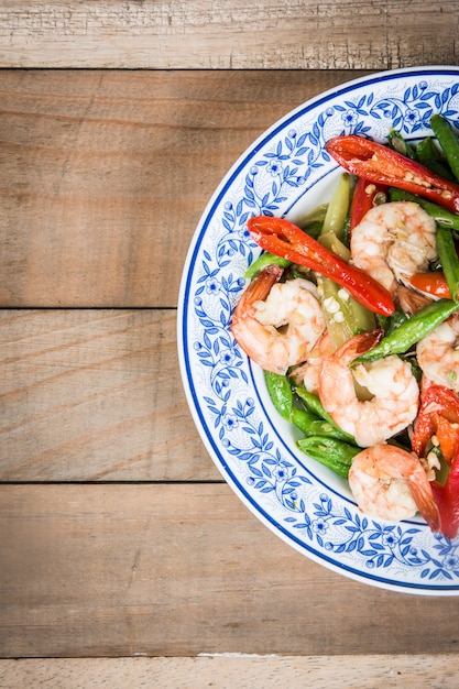 close up shrimps fried and fresh herbs, Thai food 