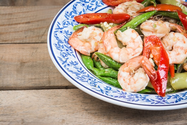 close up shrimps fried and fresh herbs, Thai food 