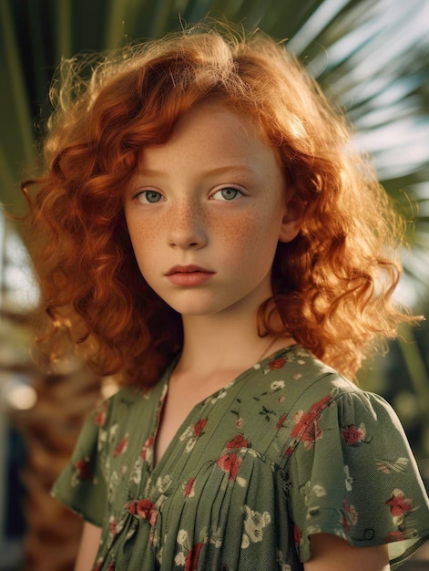 Close Up of Shy Curly Redhead Girl with Green Eyes and Floral Dress generated by AI