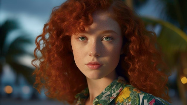 Close Up of Shy Curly Redhead Girl with Green Eyes and Floral Dress generated by AI