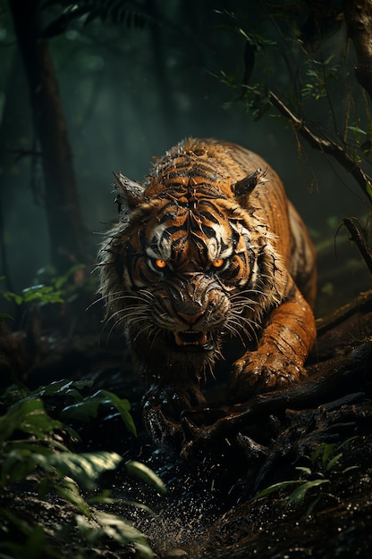 Close-up Siberische tijger die op de weg door een donker bos loopt