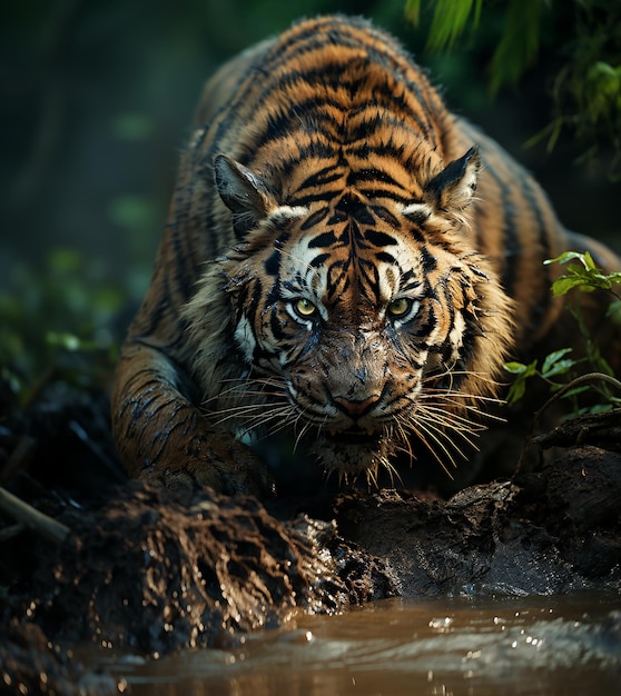Close-up Siberische tijger die op de weg door een donker bos loopt