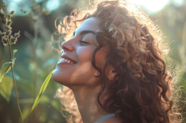 Close up side portrait of beautiful confident woman laughing in nature