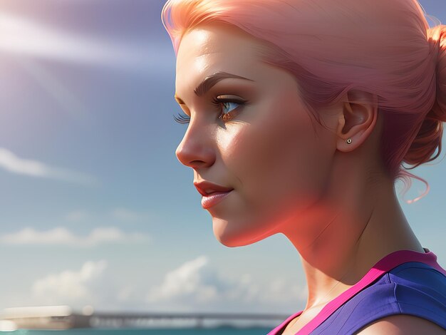 Photo close up side portrait of smiling woman with pink hair against sky over sea with space for text