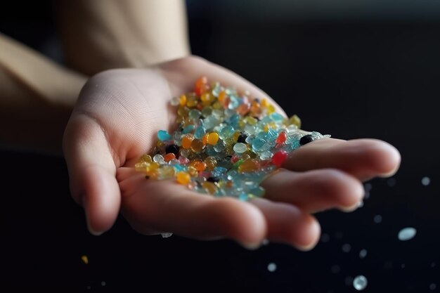 Photo close up side shot of microplastics lay on people hand