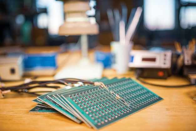 Close-up side view of a panel of SMD resistors